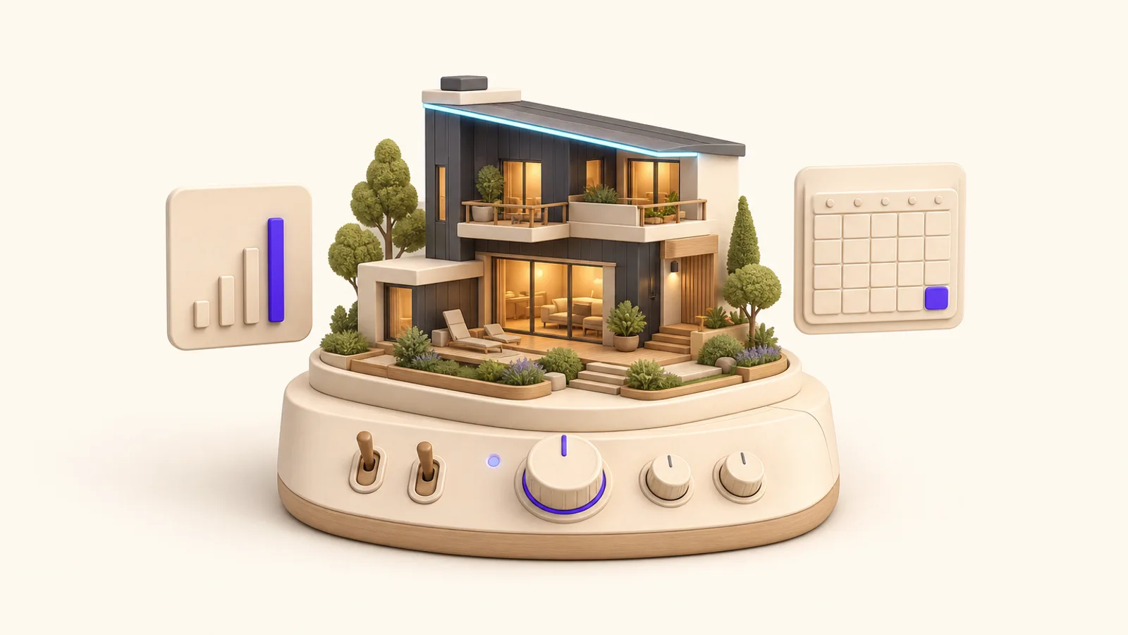 Miniature 3D vacation home sitting on a control console with dials and switches, flanked by a chart card and a calendar card, operations running from one command center