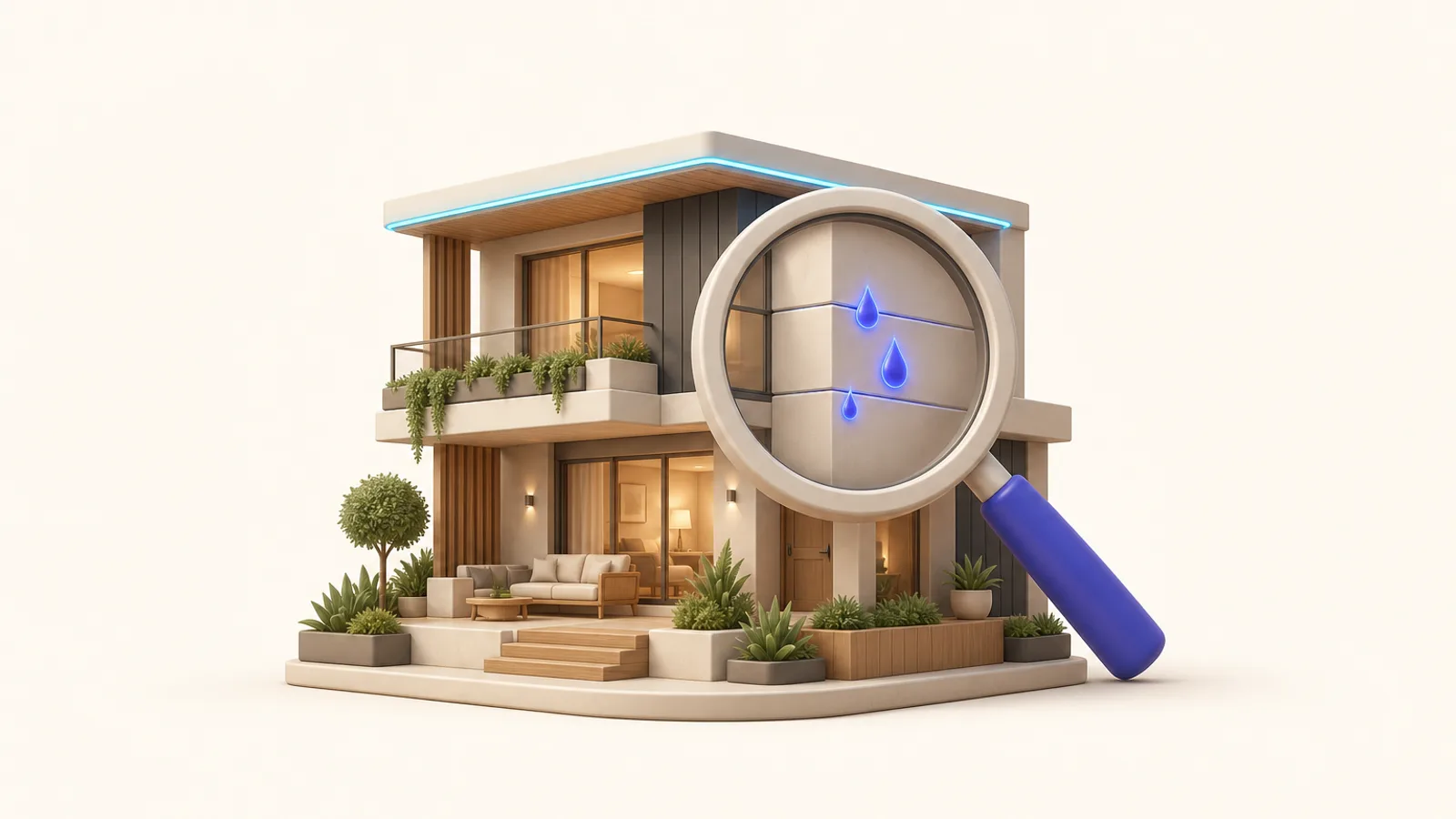 Miniature 3D vacation home under a large magnifying glass revealing glowing droplets leaking from its walls, auditing where rental revenue escapes
